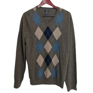 Banana Republic Mens Merino Wool‎ Olive Green Argyle Sweater Size L V-Neck Knit.